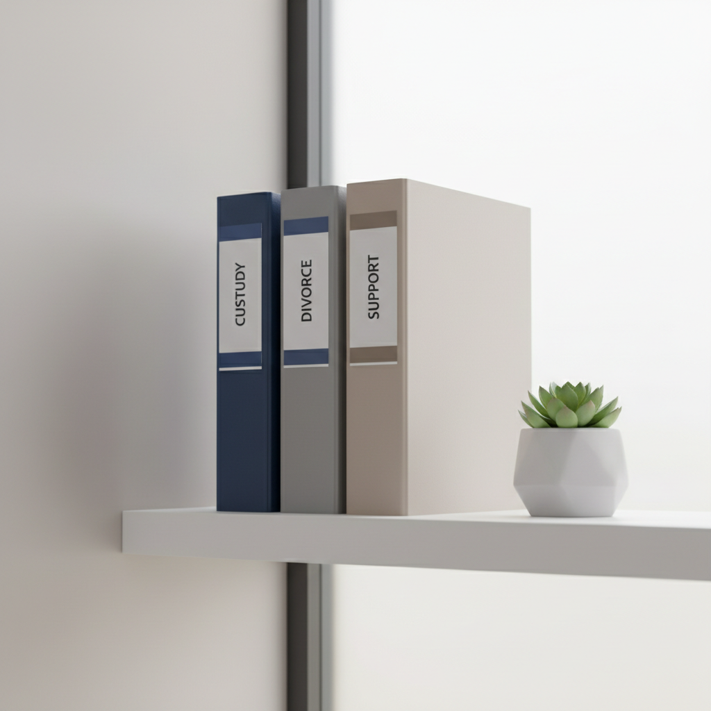 An orderly row of color-coded, matte binders—shades of navy, gray, and soft beige—each labeled for custody, divorce, and support, lined up on a modern, white floating shelf. Nearby, a small potted succulent adds a touch of life, enhanced by indirect, bright daylight filtering through a frosted glass partition. Gentle, uniform lighting creates a sense of calm, trustworthiness, and reliable organization. The camera angle is slightly off-center at a low perspective, emphasizing the clean lines, minimalist décor, and precise arrangement. The visual language is professional, clean, and subtly warm, capturing the essence of a supportive, efficiently run family law practice.