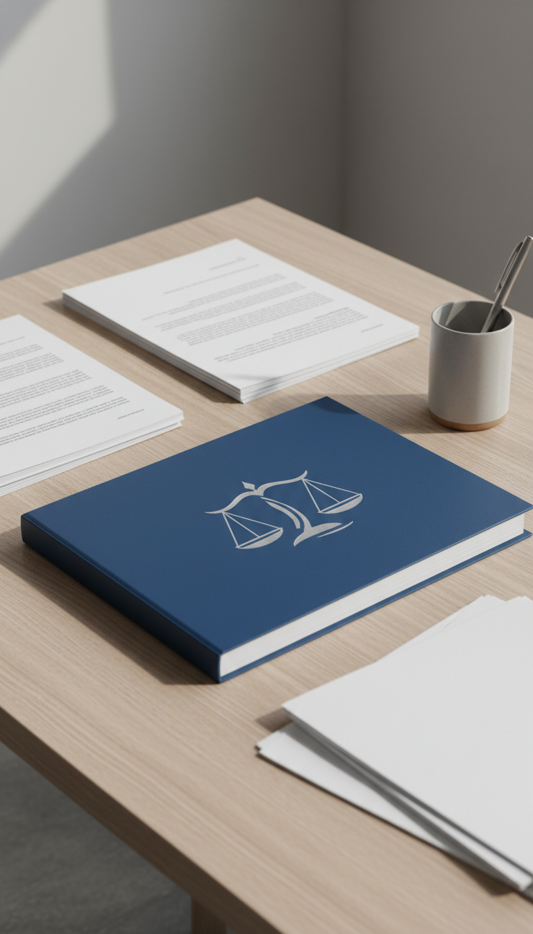 A pristine, dark blue legal document folder embossed with elegant silver scales of justice, lying open on a minimalist, light oak surface. Surrounding the folder are carefully arranged, matte white papers and a tasteful ceramic pen holder with a sleek stainless steel pen, all illuminated by soft, natural daylight from a nearby window. The light creates calm, diffused shadows and subtle highlights on the textured folder. The atmosphere feels reassuring and professional, with an eye-level composition using the rule of thirds to subtly draw the viewer’s focus toward the central legal emblem. The overall style is clean, modern, and approachable, embodying the values of a cost-conscious family law firm.